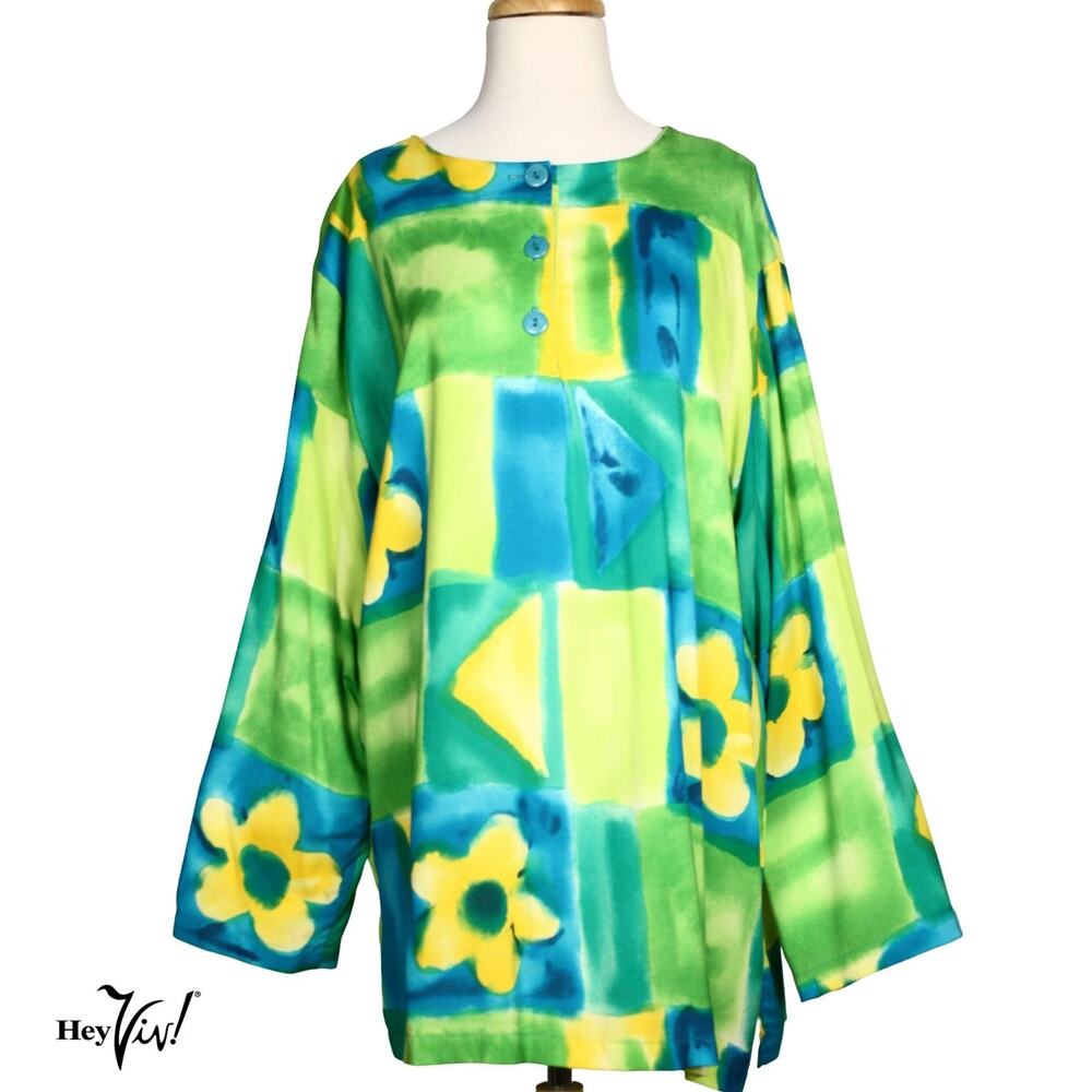 Vintage Ruth Norman Tunic Top Bold Floral Over Size Green Blue Sz L B46 W46 -Hey